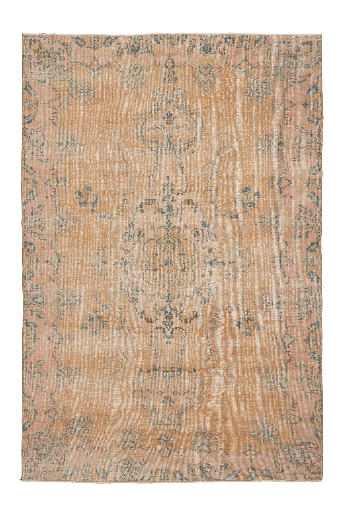 Vintage Isparta Turkish Area Rug 6x9 ft — Orange & Blue Distressed