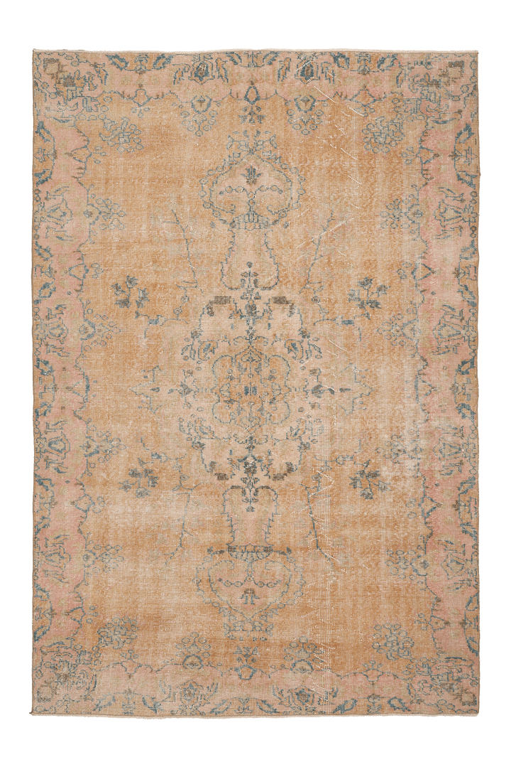 Vintage Isparta Turkish Area Rug 6x9 ft — Orange & Blue Distressed