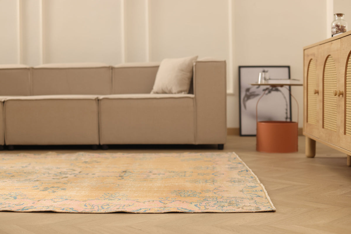 Vintage Isparta Turkish Area Rug 6x9 ft — Orange & Blue Distressed
