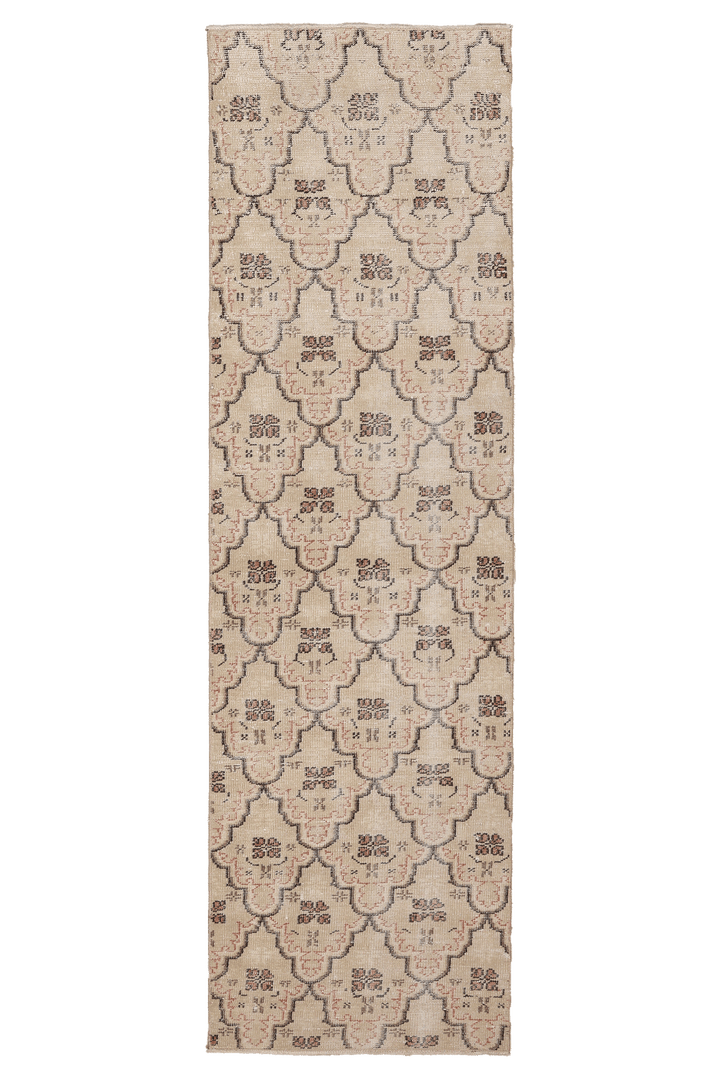 Vintage Manisa Turkish Runner Rug 2x8 ft — Beige & Brown Geometric
