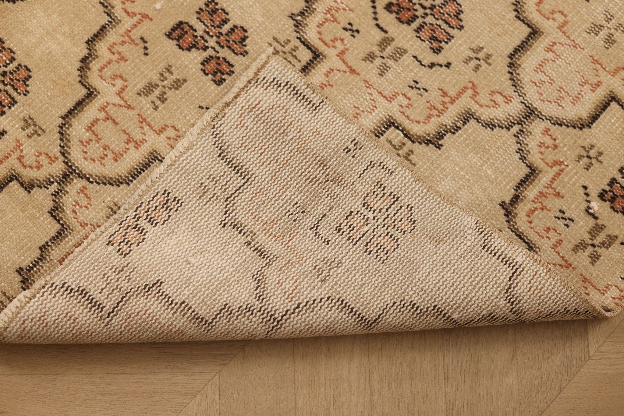 Vintage Manisa Turkish Runner Rug 2x8 ft — Beige & Brown Geometric