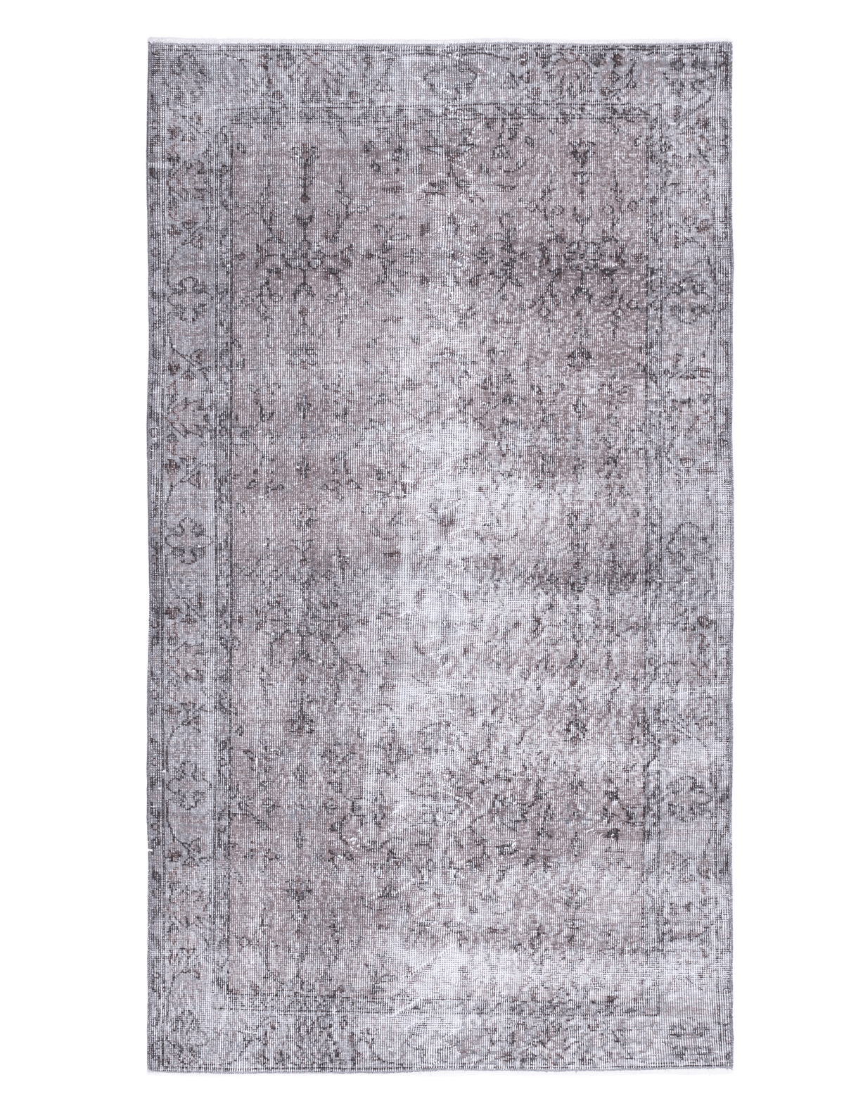 Hand-woven 3x6 ft vintage Isparta rug in smoky gray with overdyed floral patterns and rustic wool-cotton blend.