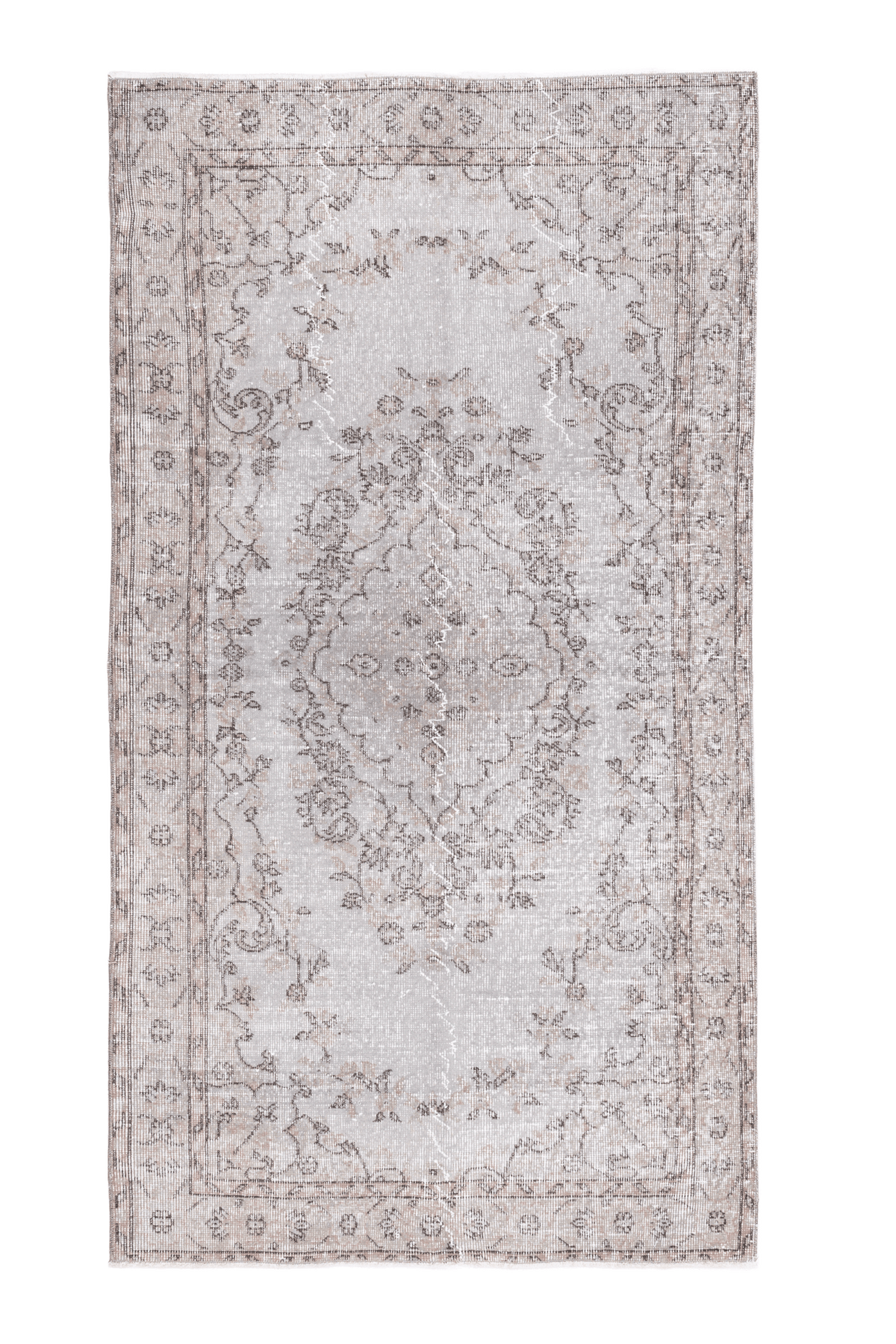 Hand-woven 3x6 ft vintage Isparta Turkish rug in overdyed gray wool and cotton with intricate floral patterns.