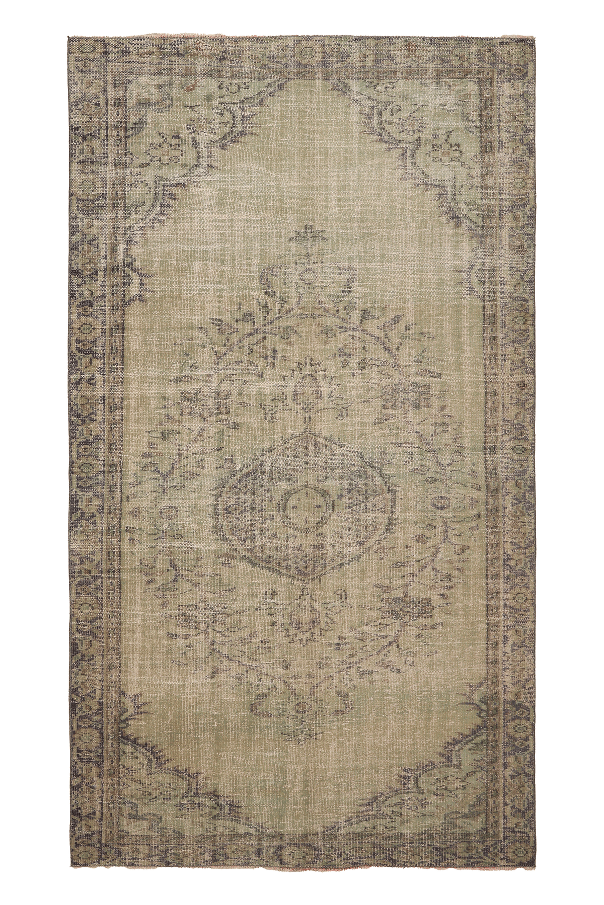 Vintage Manisa Turkish Area Rug 5x9 ft — Green & Gray Floral