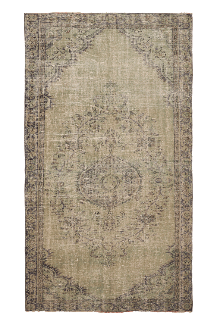 Vintage Manisa Turkish Area Rug 5x9 ft — Green & Gray Floral