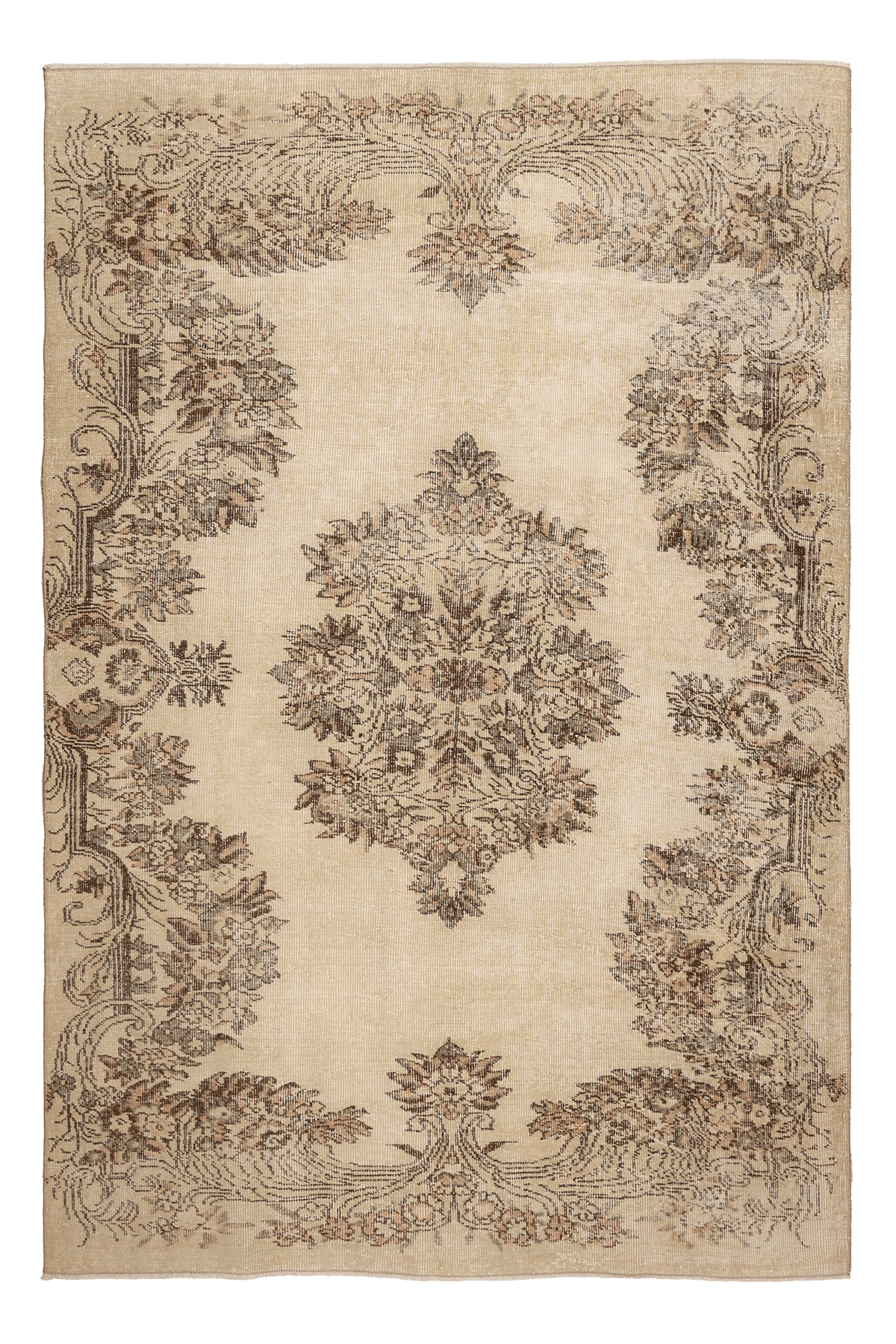 Vintage Isparta Turkish Area Rug 5x8 ft — Beige & Brown Floral (No. 53870)
