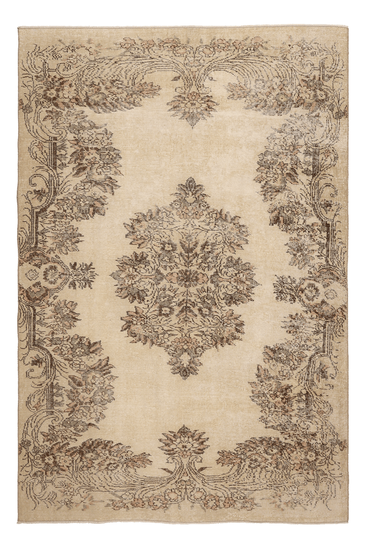 Vintage Isparta Turkish Area Rug 5x8 ft — Beige & Brown Floral (No. 53870)
