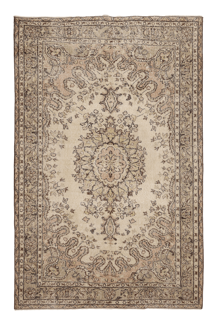 Vintage Isparta Turkish Area Rug 5x8 ft — Beige & Brown Floral (No. 53877)