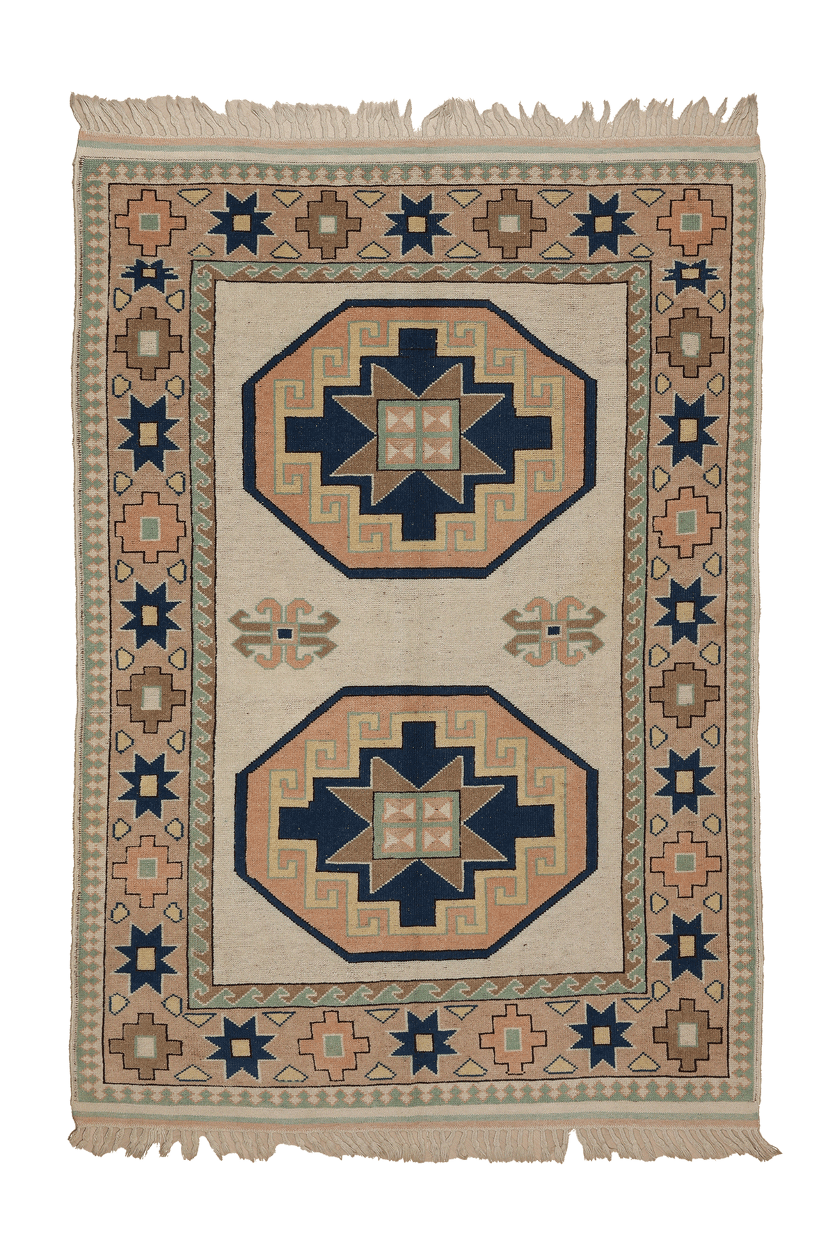 Vintage Muğla Turkish Area Rug 5x7 ft — Beige & Blue Geometric