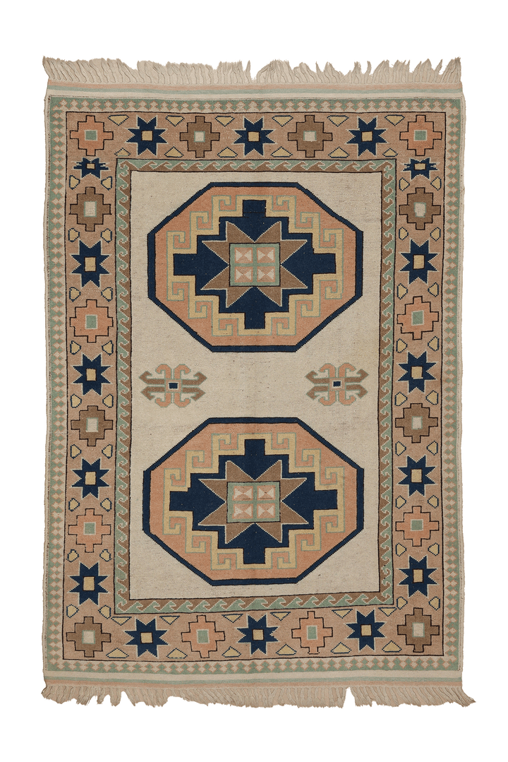 Vintage Muğla Turkish Area Rug 5x7 ft — Beige & Blue Geometric