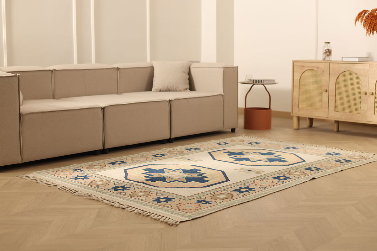Vintage Muğla Turkish Area Rug 5x7 ft — Beige & Blue Geometric