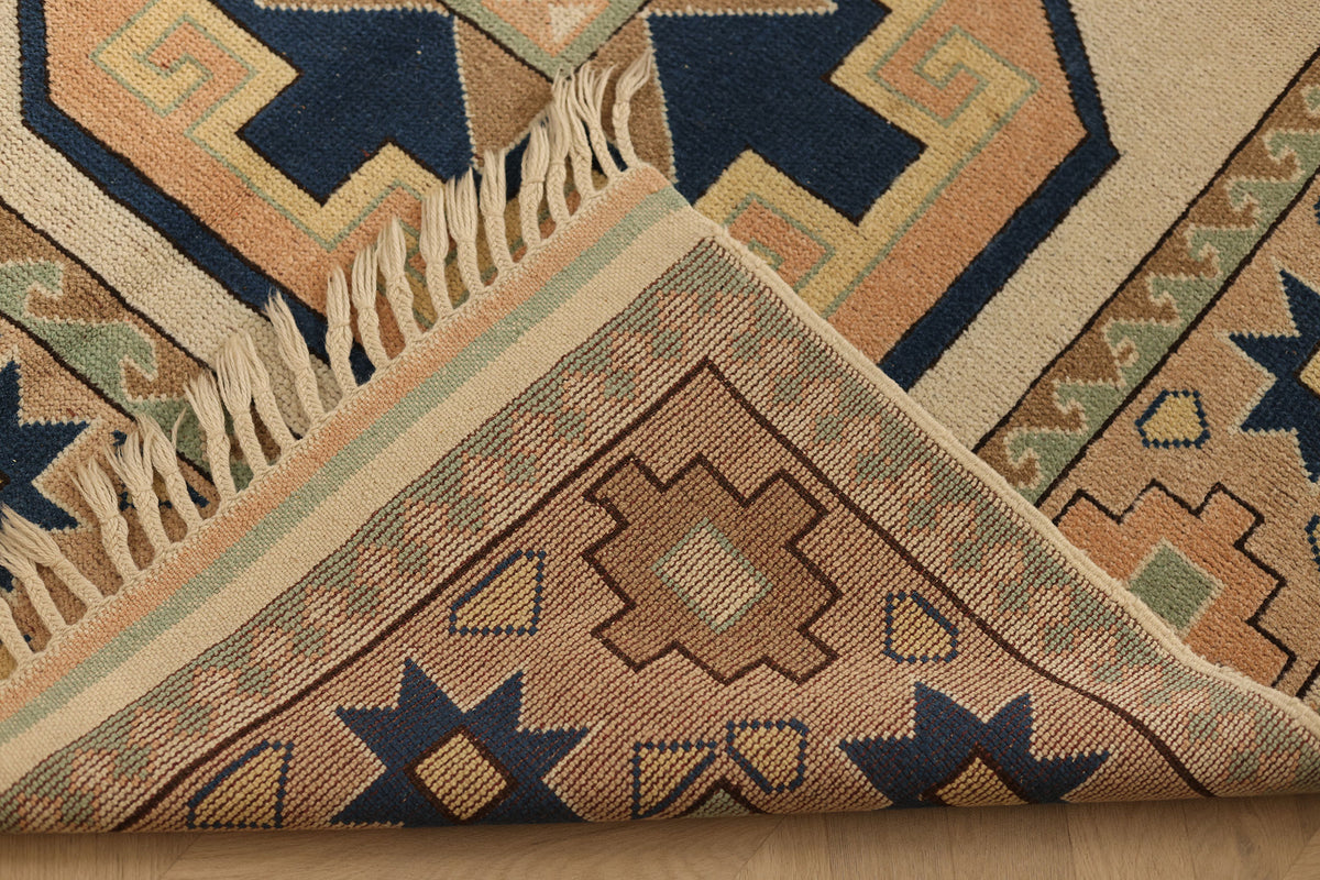 Vintage Muğla Turkish Area Rug 5x7 ft — Beige & Blue Geometric