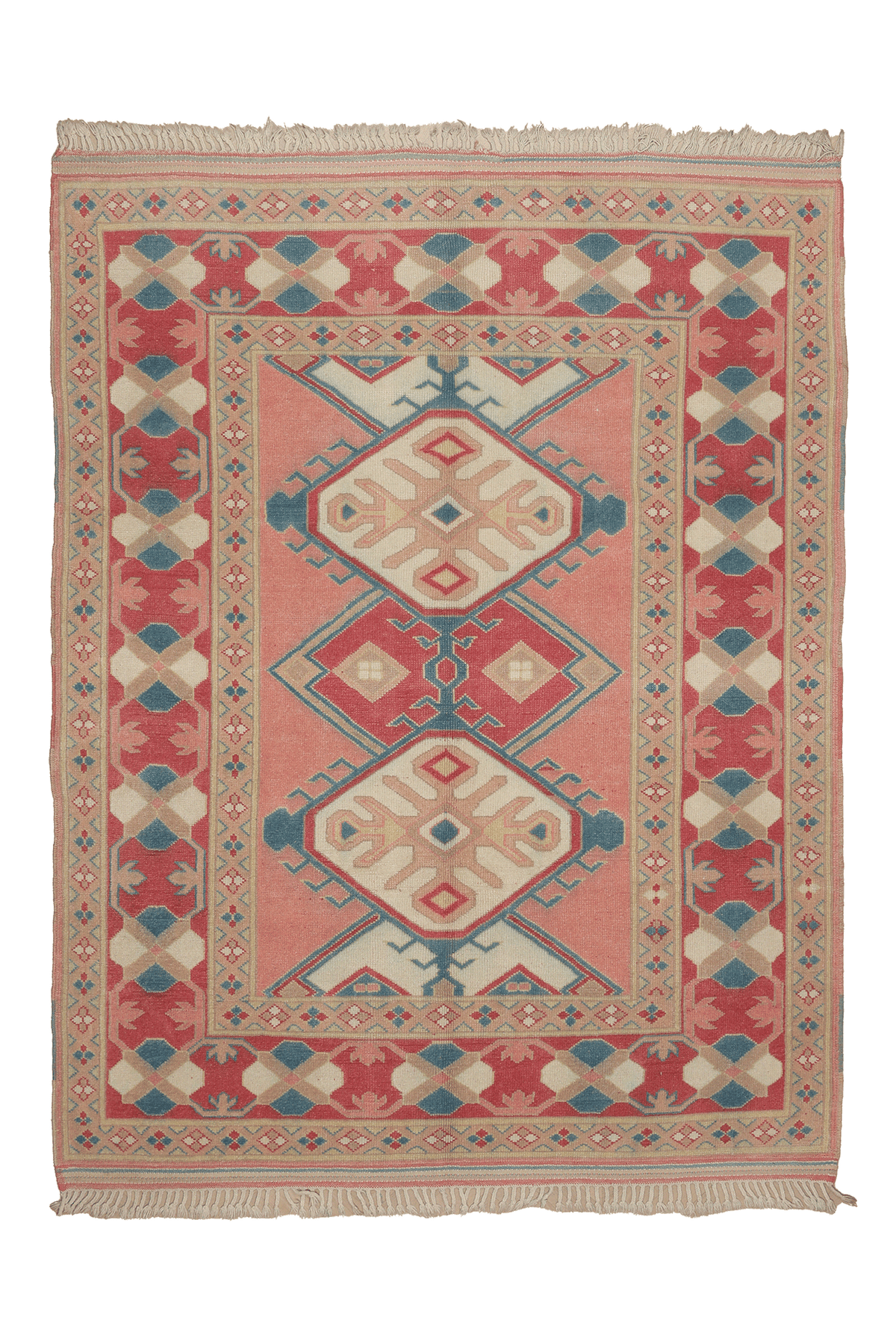 Vintage Turkish Area Rug 5x7 ft — Pink & Blue Geometric