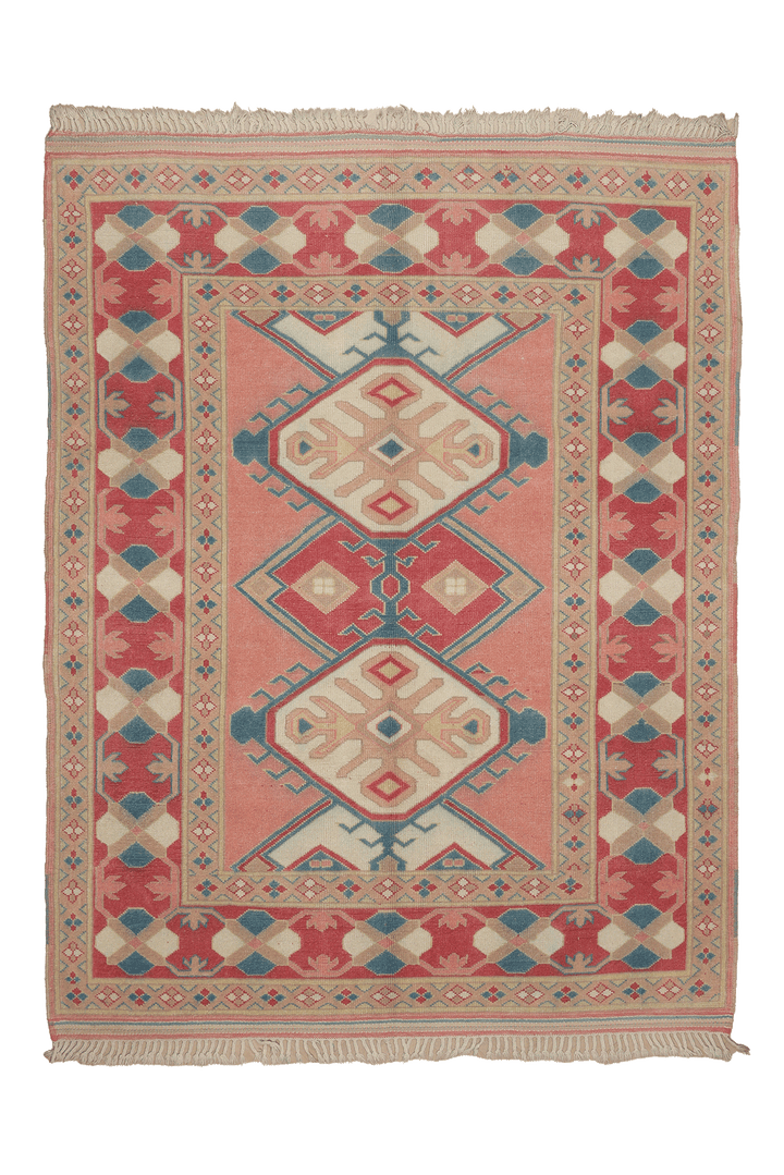 Vintage Turkish Area Rug 5x7 ft — Pink & Blue Geometric