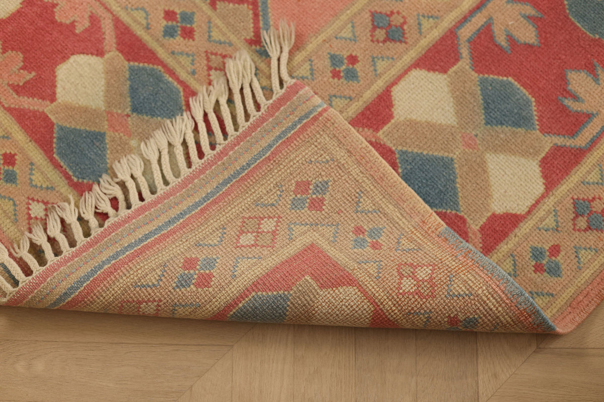 Vintage Turkish Area Rug 5x7 ft — Pink & Blue Geometric