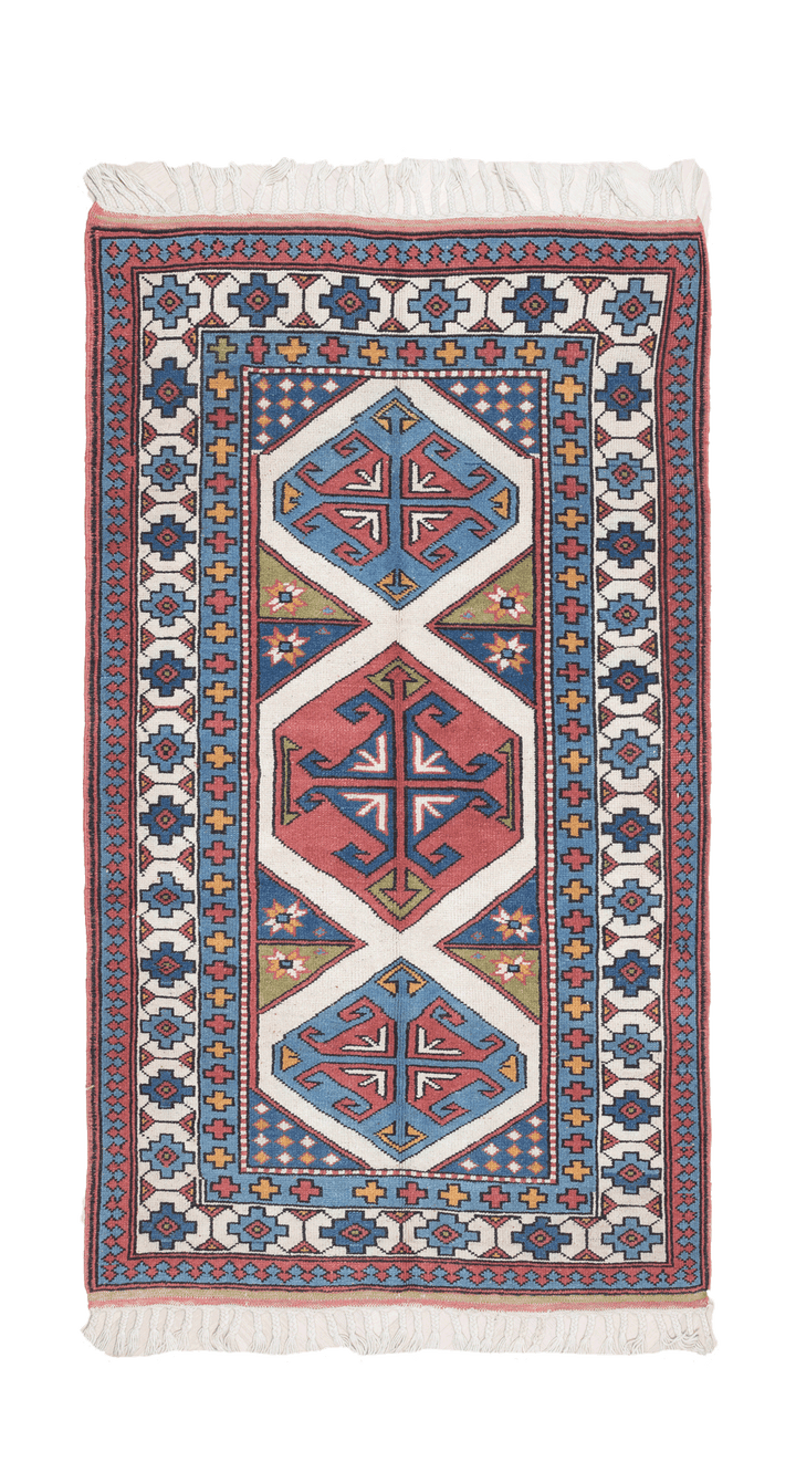 Vintage Niğde Turkish Area Rug 3x6 ft — White & Blue Floral