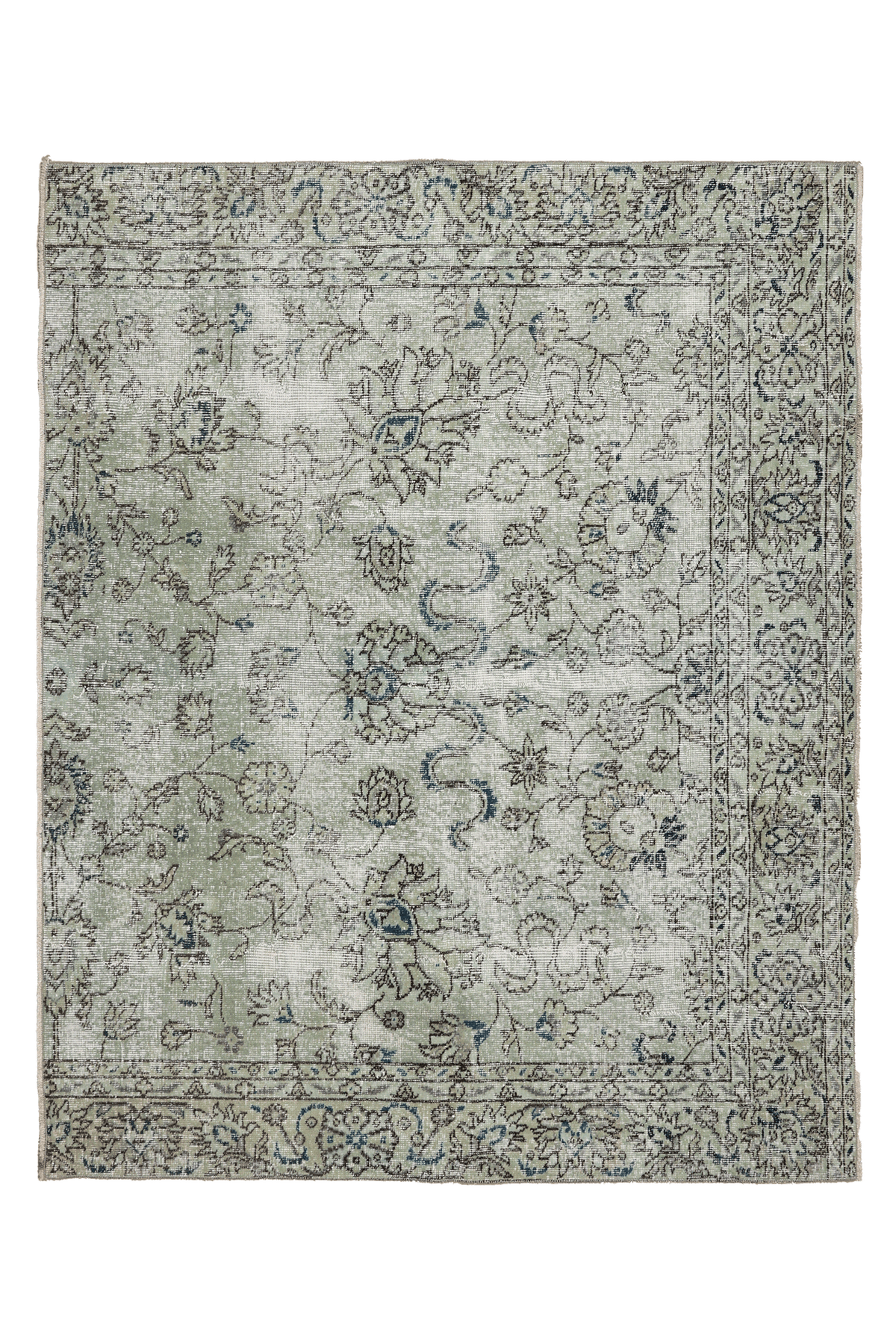 Vintage Isparta Turkish Area Rug 5x6 ft — Green & Blue Floral
