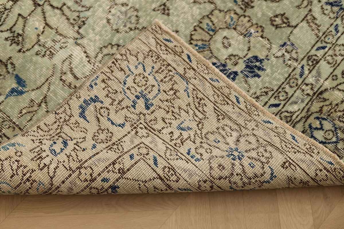 Vintage Isparta Turkish Area Rug 5x6 ft — Green & Blue Floral