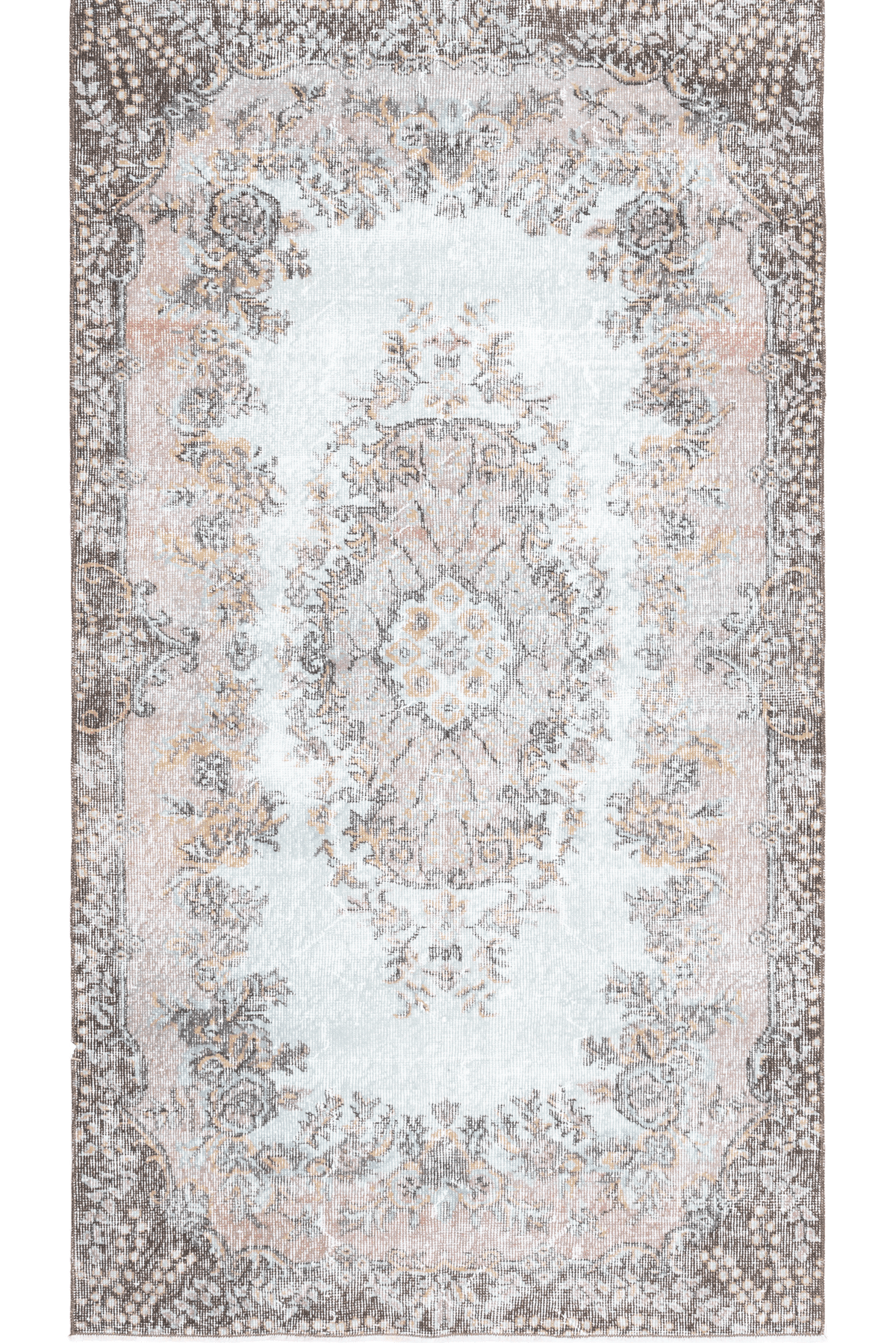 Vintage 3x6 ft Isparta Turkish rug in brown and gray with intricate floral patterns and a wool-cotton blend.