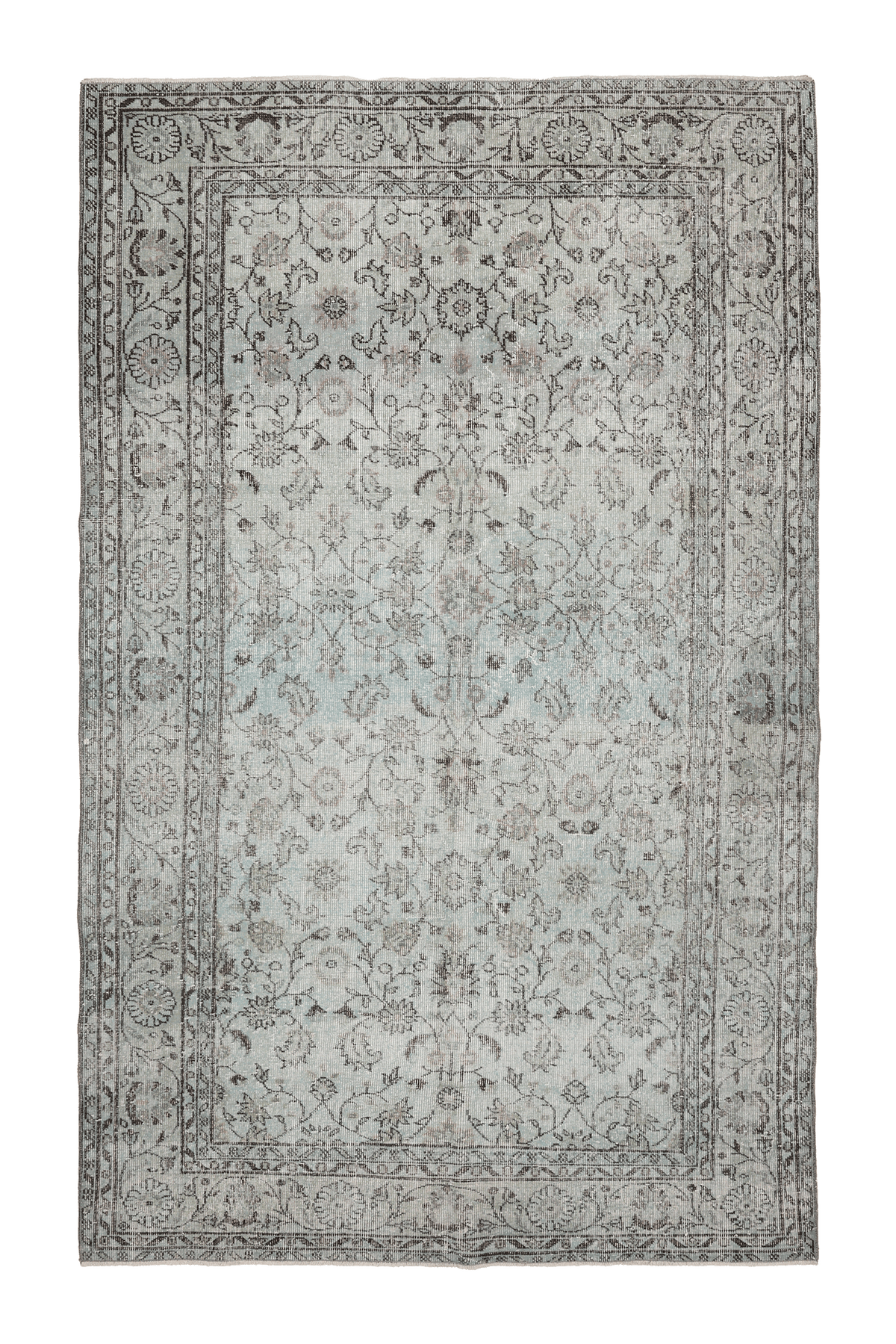 Vintage Isparta Turkish Area Rug 5x9 ft — Gray & Blue Floral