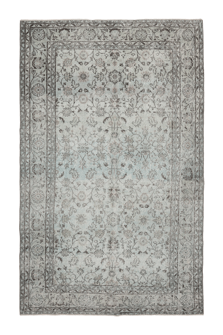 Vintage Isparta Turkish Area Rug 5x9 ft — Gray & Blue Floral
