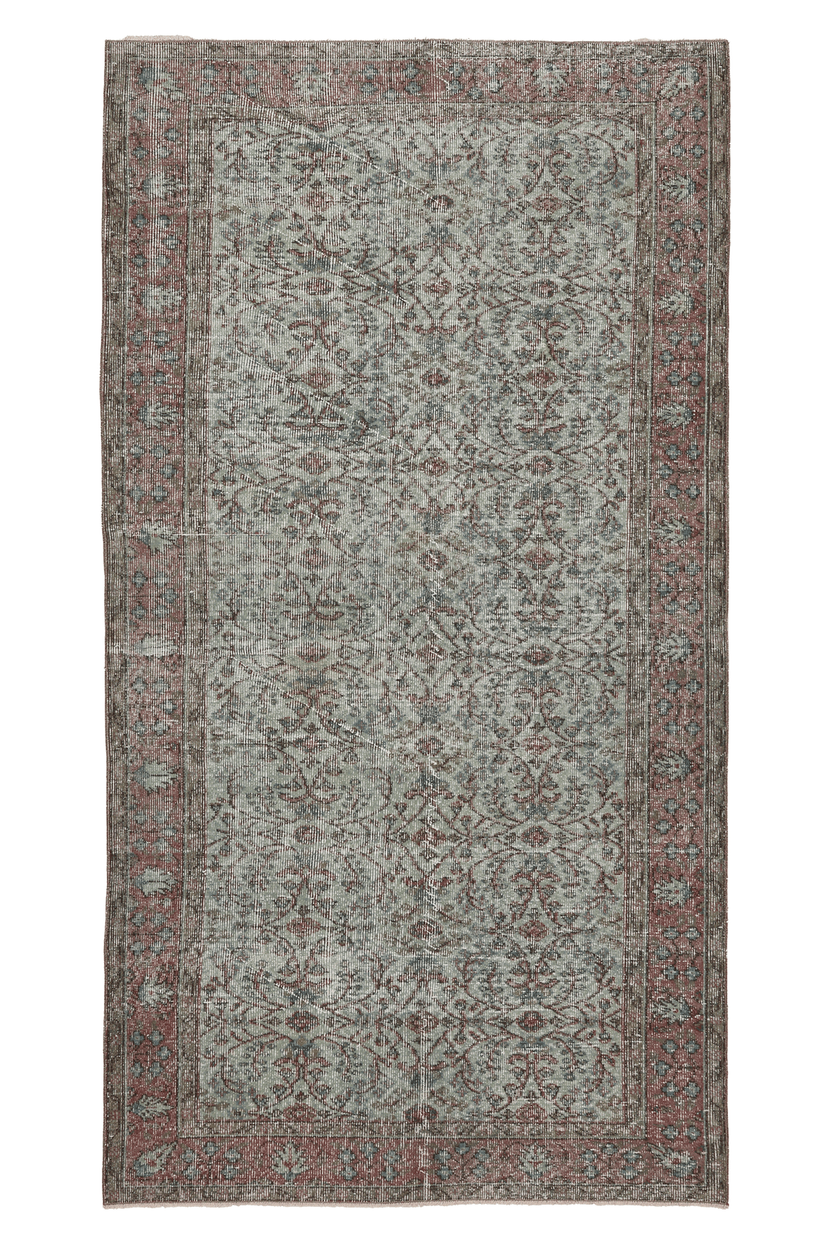 Vintage Isparta Turkish Area Rug 4x8 ft — Gray & Red Floral
