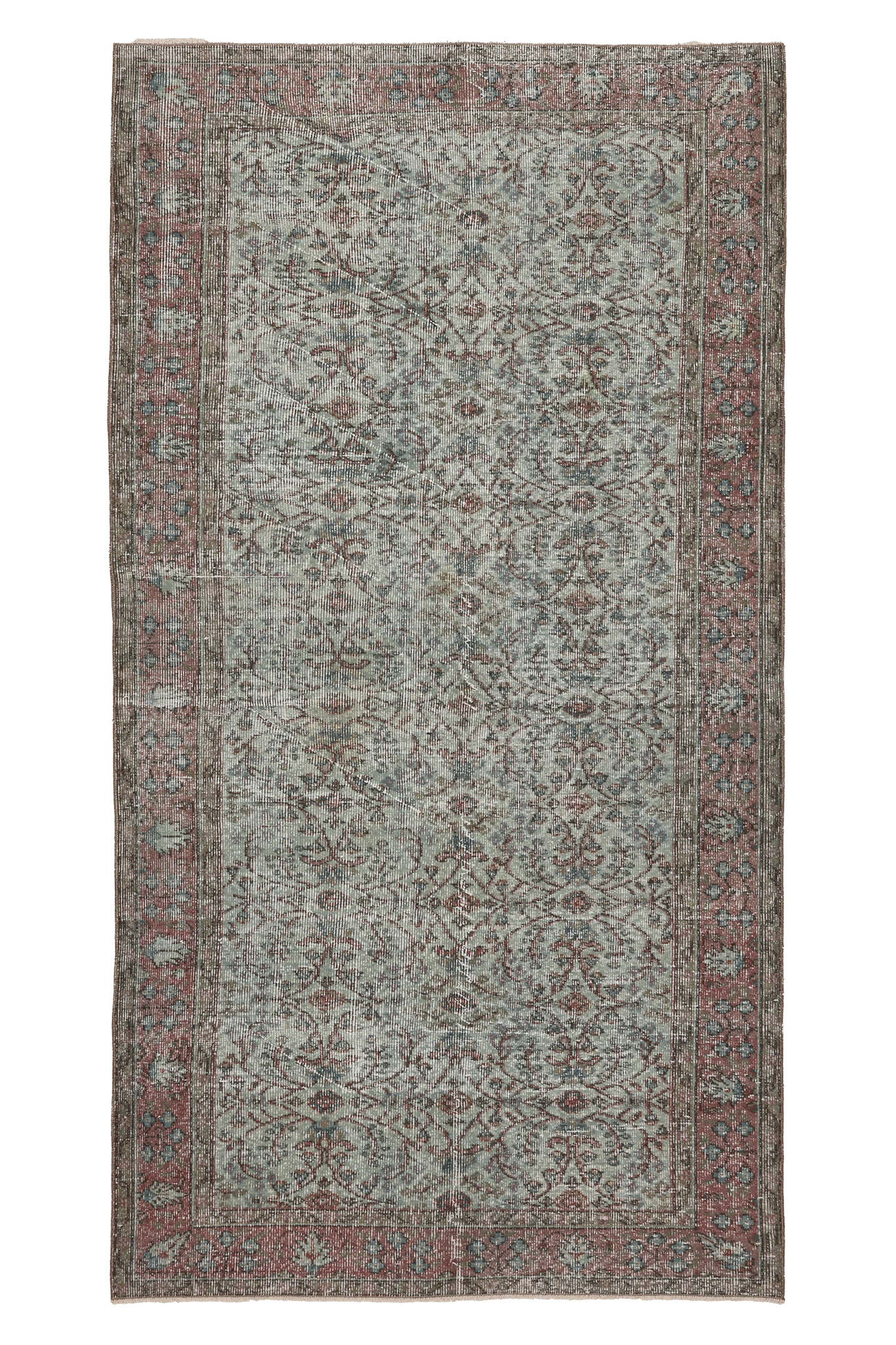 Vintage Isparta Turkish Area Rug 4x8 ft — Gray & Red Floral