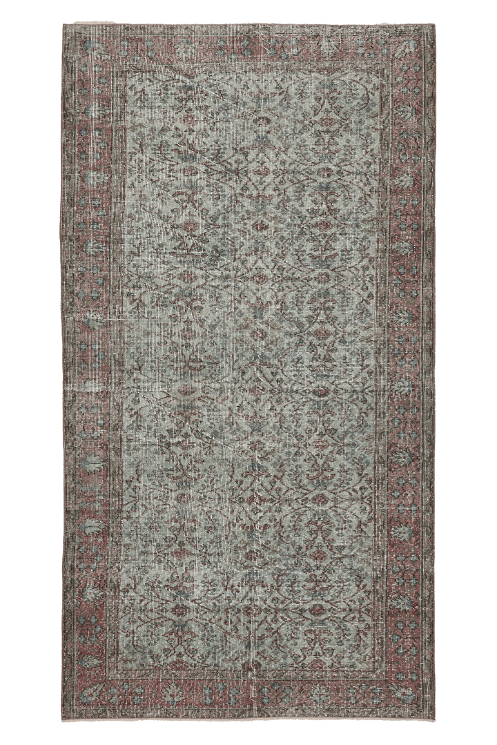 Vintage Isparta Turkish Area Rug 4x8 ft — Gray & Red Floral