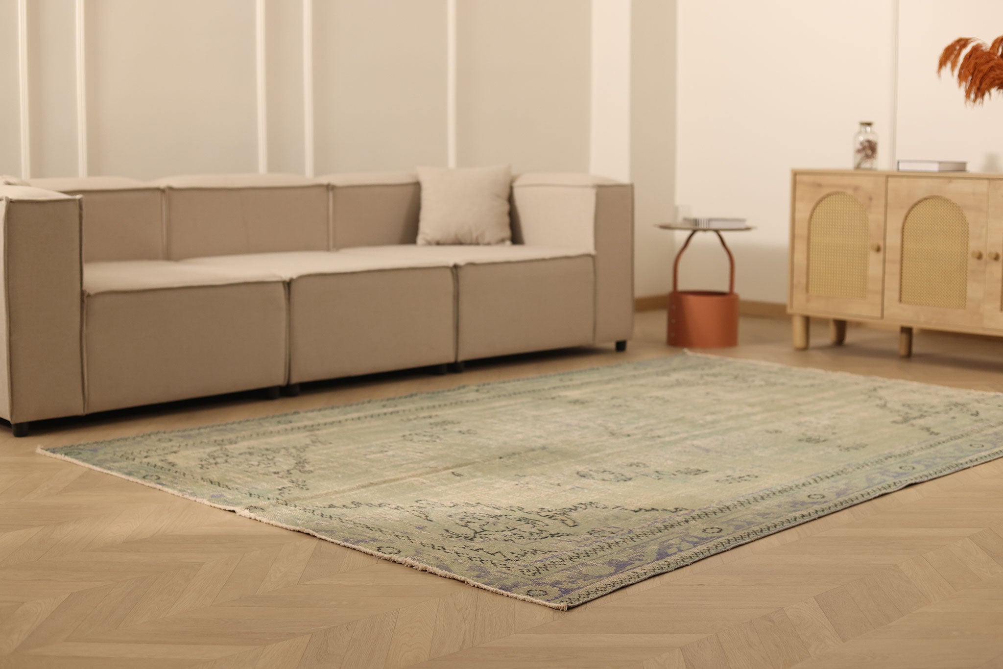 Vintage Manisa Turkish Area Rug 6x9 ft — Beige & Gray Floral (No. 53908)