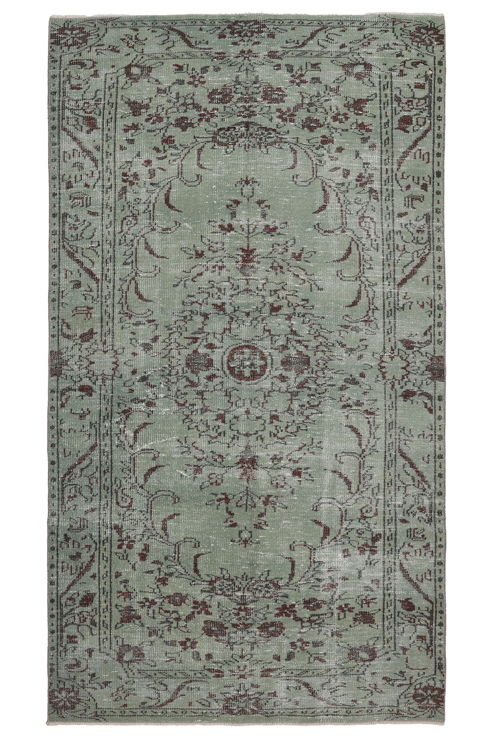 Vintage Manisa Turkish Area Rug 5x9 ft — Green & Brown Floral