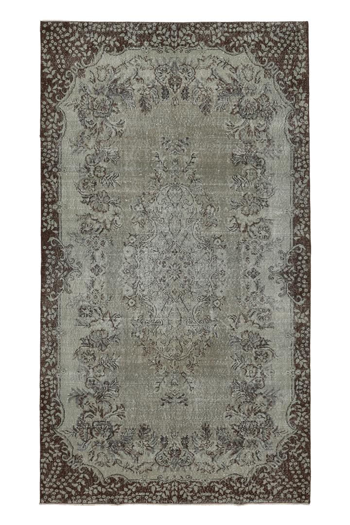 Vintage Isparta Turkish Area Rug 5x7 ft — Gray & Brown Floral