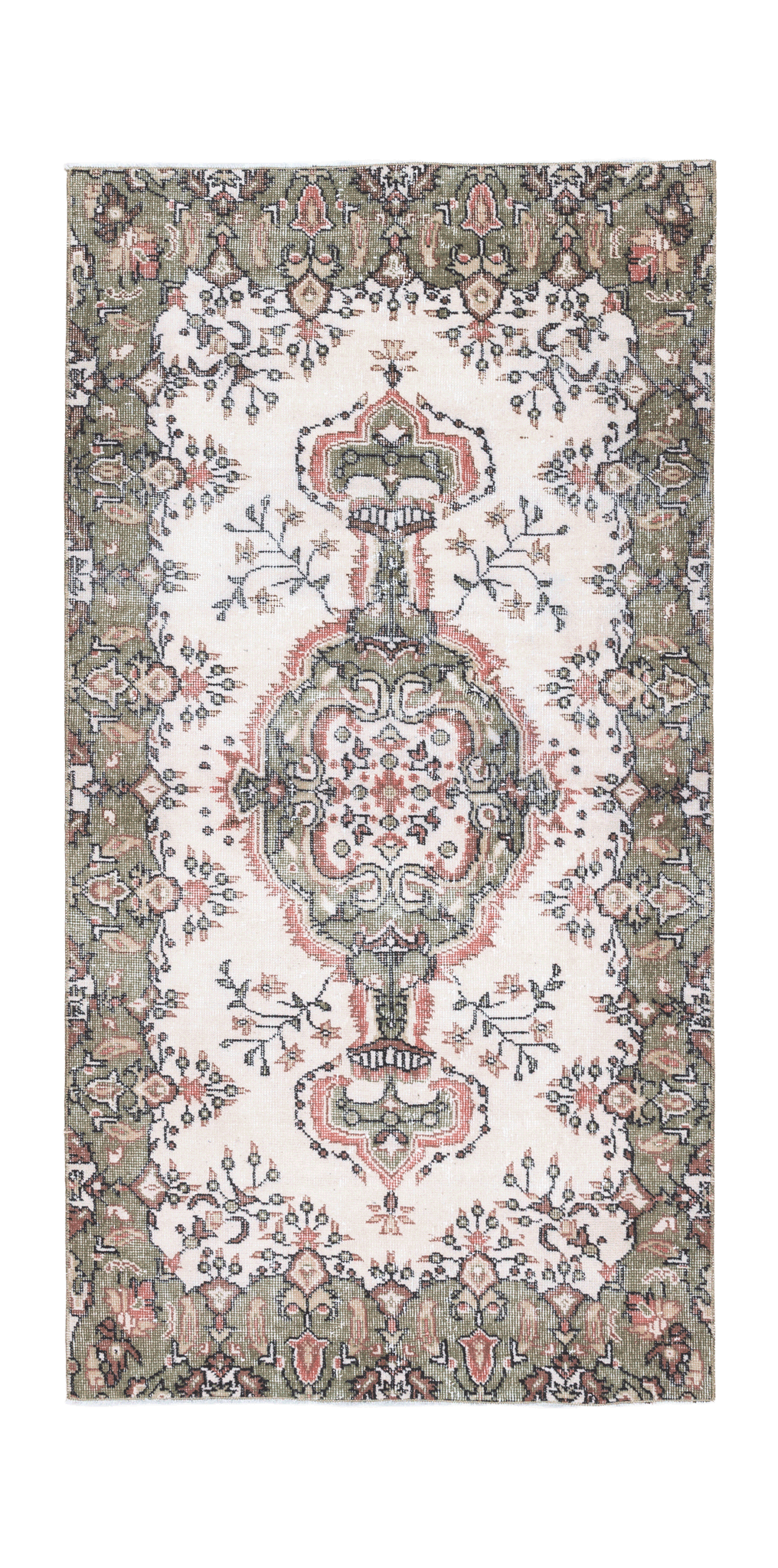 Hand-woven 3x6 ft vintage Isparta rug in white and sage green with intricate floral patterns and a maximalist wool-cotton design.
