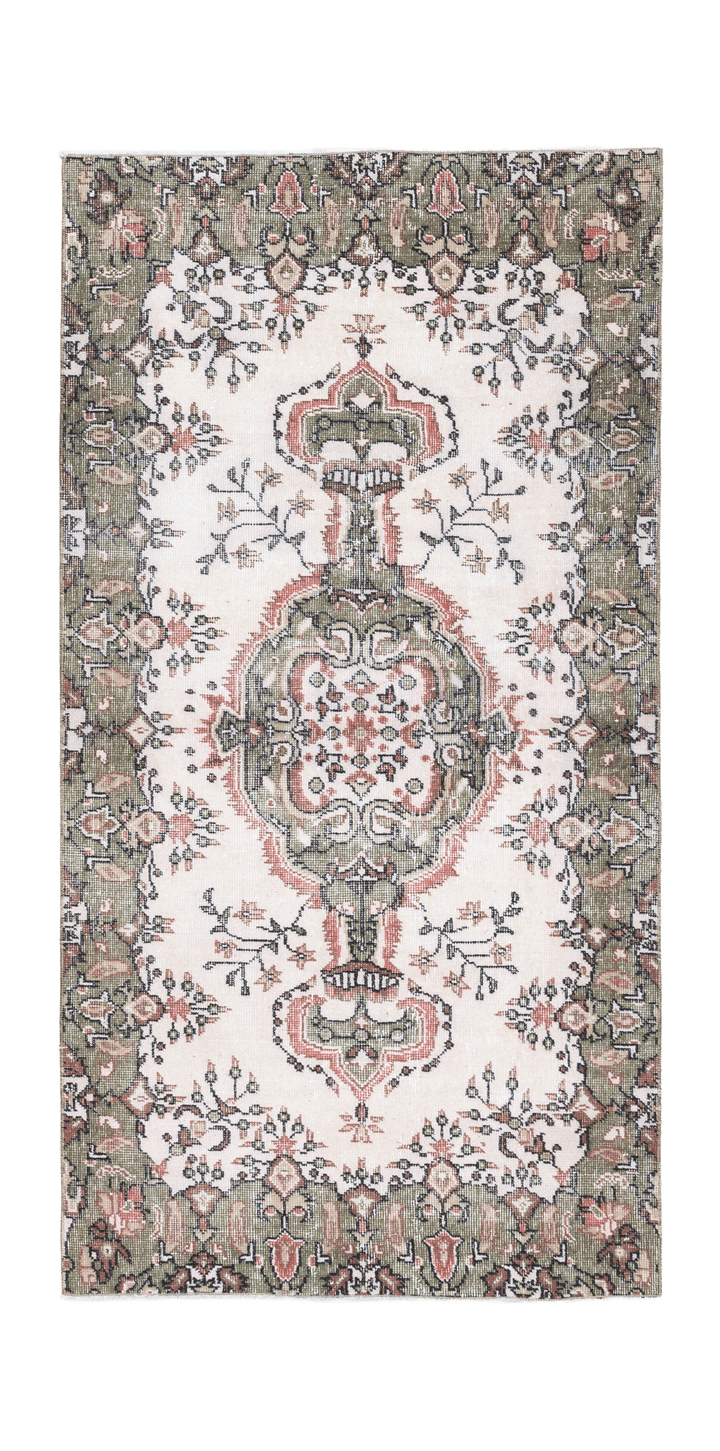 Vintage Isparta Turkish Area Rug 3x6 ft — White & Green Floral