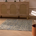 Handmade vintage Isparta wool and cotton doormat in gray and navy floral patterns, 3x3 ft bohemian style rug.