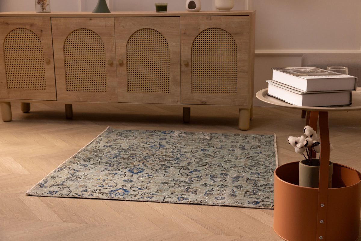 Handmade vintage Isparta wool and cotton doormat in gray and navy floral patterns, 3x3 ft bohemian style rug.