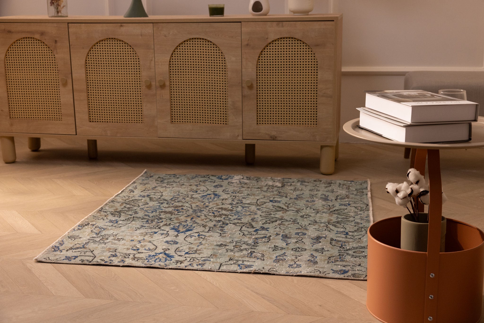 Handmade vintage Isparta wool and cotton doormat in gray and navy floral patterns, 3x3 ft bohemian style rug.
