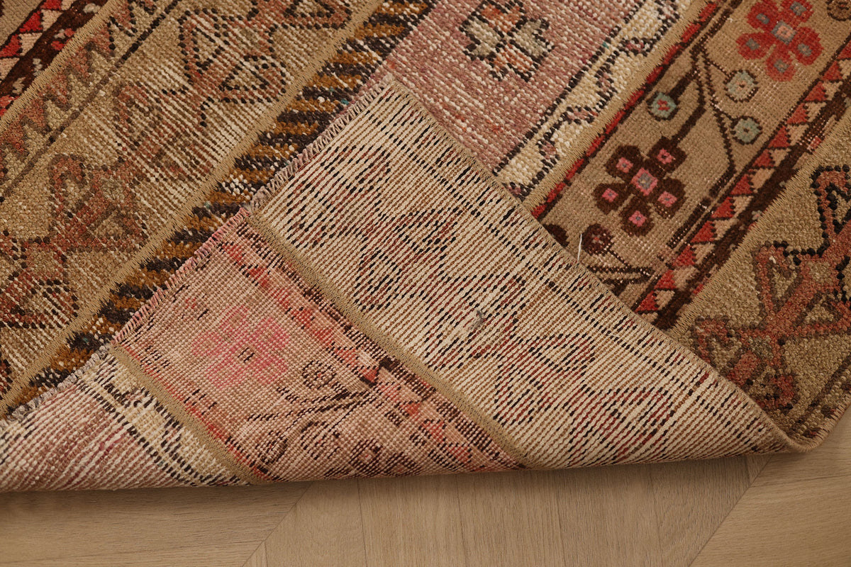 Vintage Malatya Turkish Runner Rug 2x8 ft — Beige & Brown Patchwork