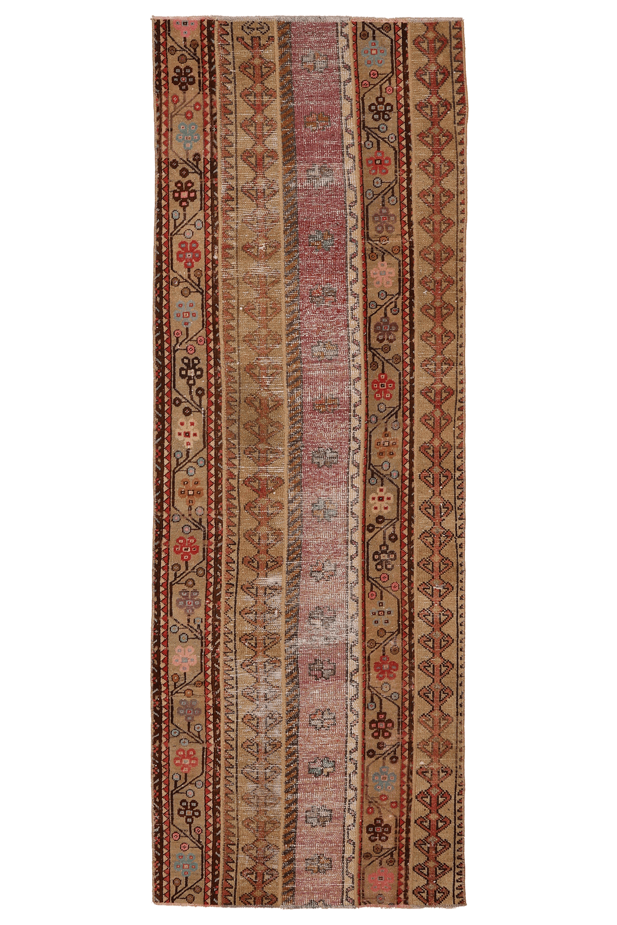 Vintage Malatya Turkish Runner Rug 2x8 ft — Beige & Brown Patchwork