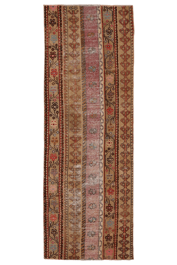 Vintage Malatya Turkish Runner Rug 2x8 ft — Beige & Brown Patchwork