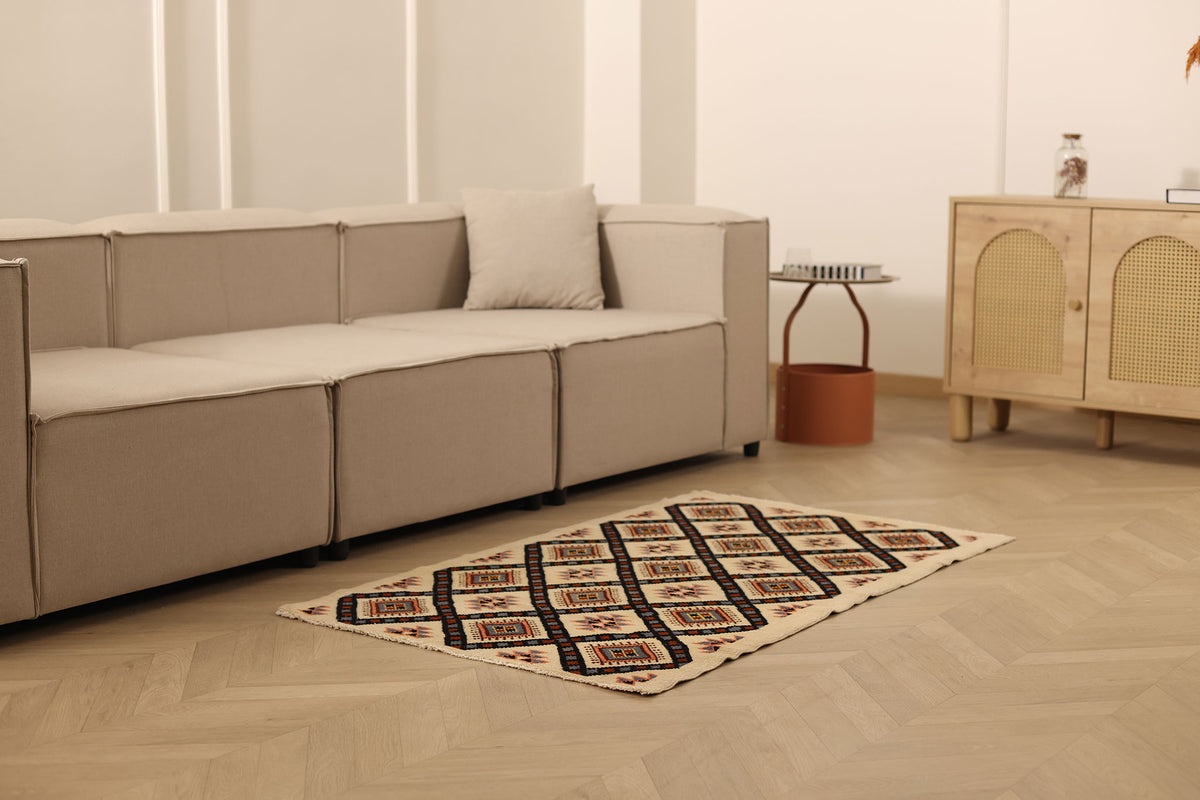 Vintage Isparta Turkish Runner Rug 3x4 ft — Beige & Brown Geometric