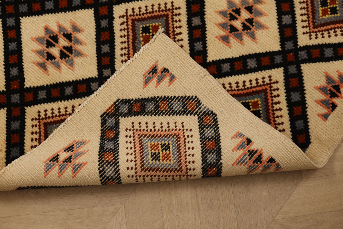Vintage Isparta Turkish Runner Rug 3x4 ft — Beige & Brown Geometric