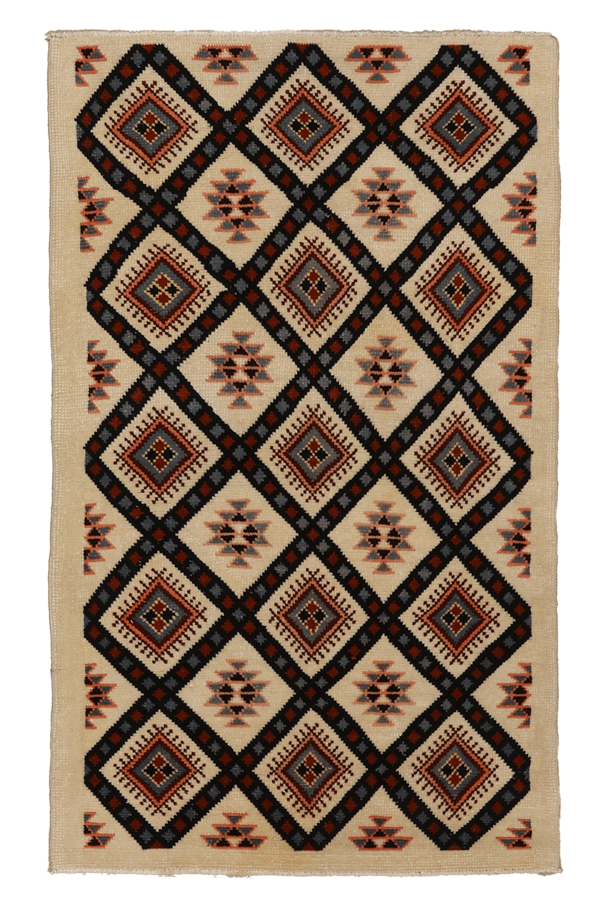 Vintage Isparta Turkish Runner Rug 3x4 ft — Beige & Brown Geometric