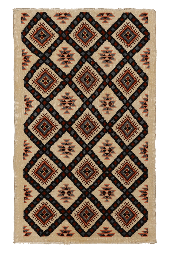 Vintage Isparta Turkish Runner Rug 3x4 ft — Beige & Brown Geometric