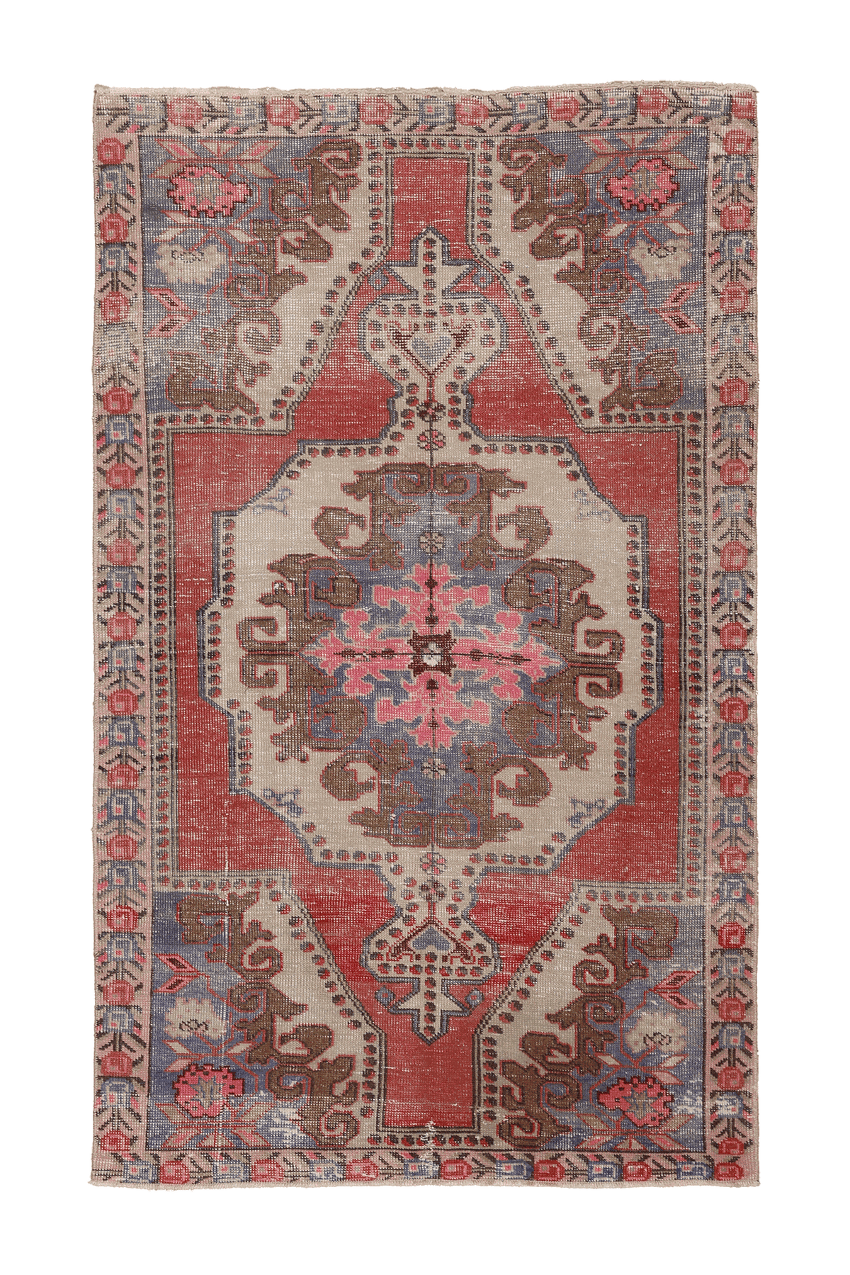 Vintage Nevşehir Turkish Area Rug 4x7 ft — Red & Beige Distressed