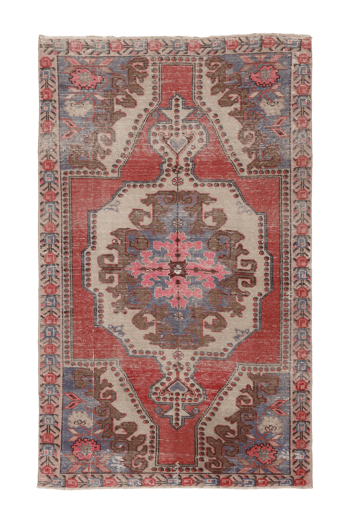 Vintage Nevşehir Turkish Area Rug 4x7 ft — Red & Beige Distressed