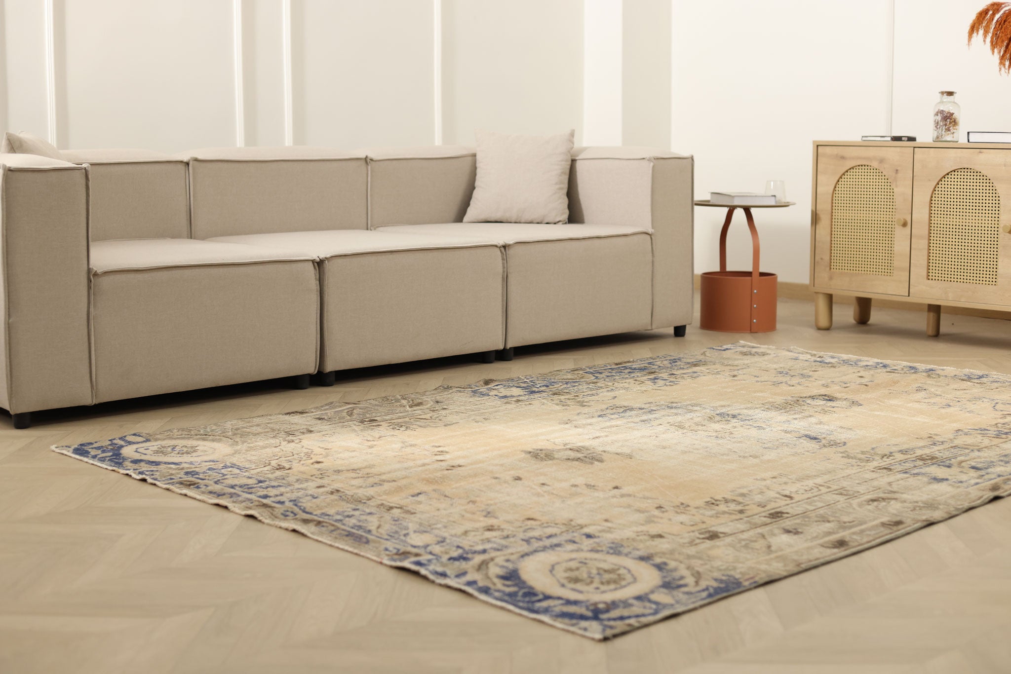 Vintage Manisa Turkish Area Rug 6x9 ft — Beige & Blue Floral (No. 55176)