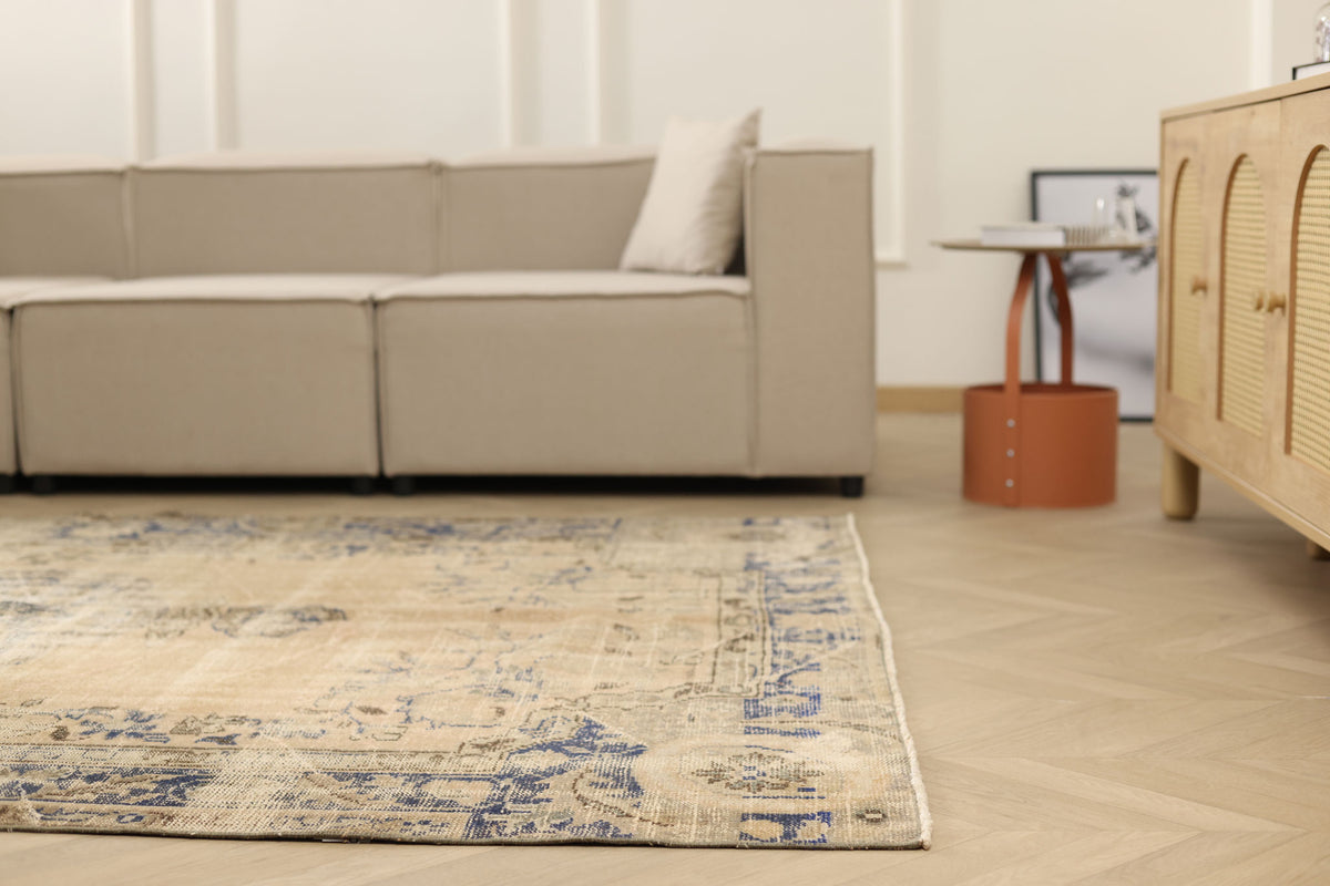 Vintage Manisa Turkish Area Rug 6x9 ft — Beige & Blue Floral (No. 55176)