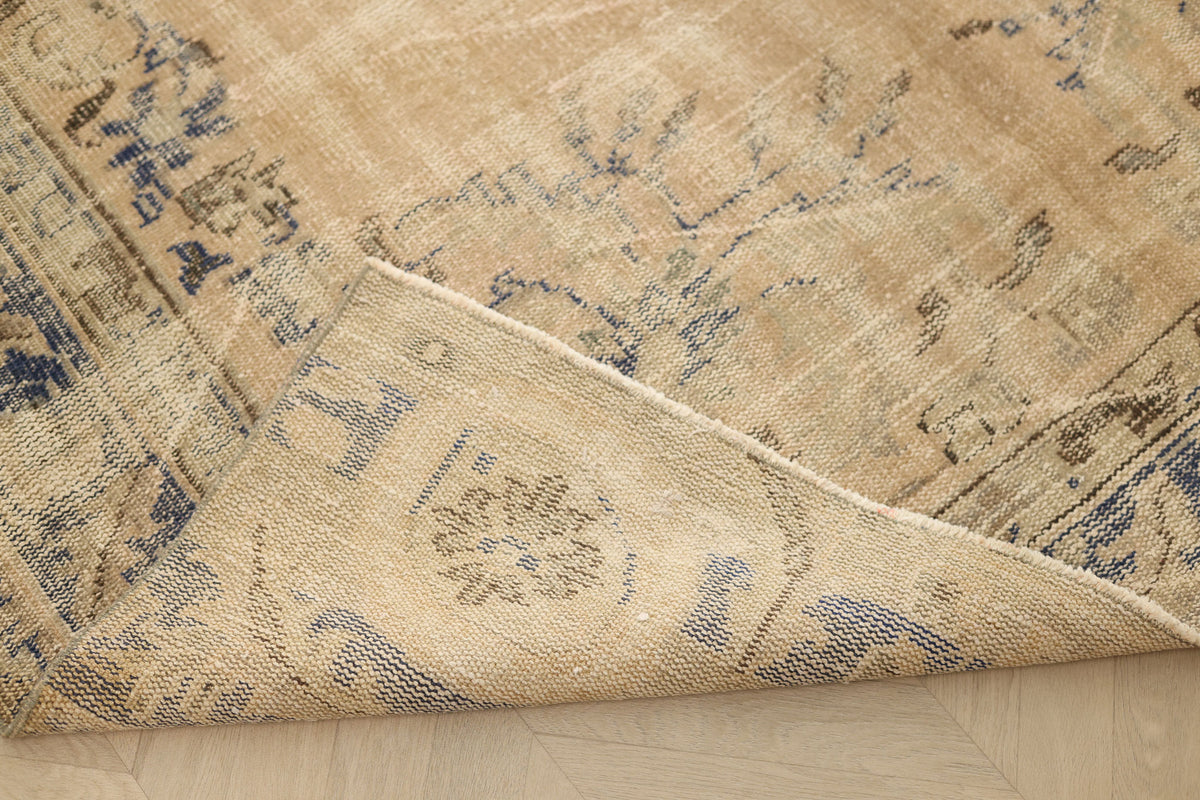 Vintage Manisa Turkish Area Rug 6x9 ft — Beige & Blue Floral (No. 55176)