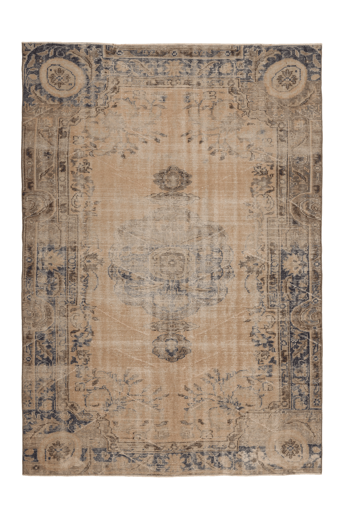 Vintage Manisa Turkish Area Rug 6x9 ft — Beige & Blue Floral (No. 55176)