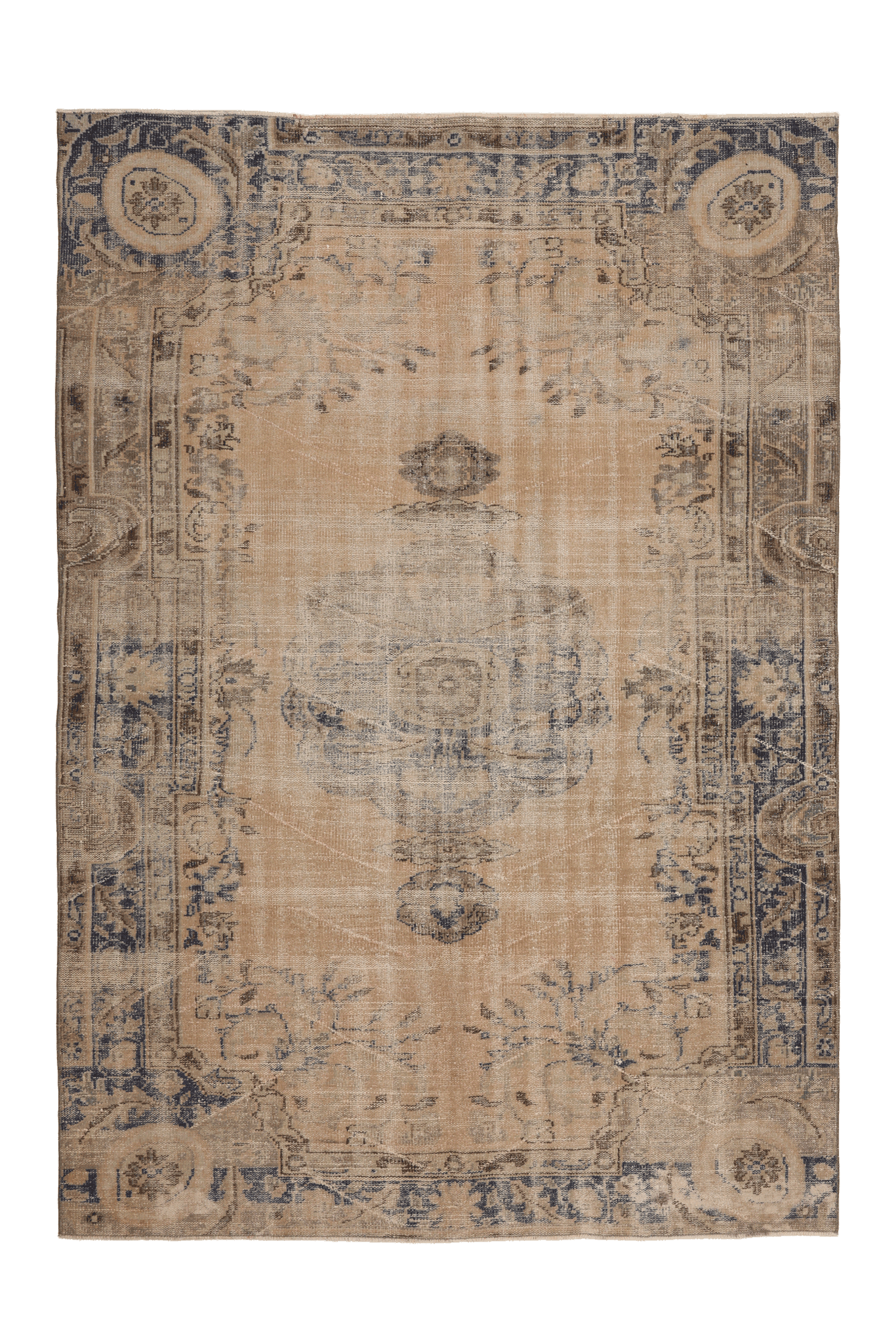 Vintage Manisa Turkish Area Rug 6x9 ft — Beige & Blue Floral (No. 55176)